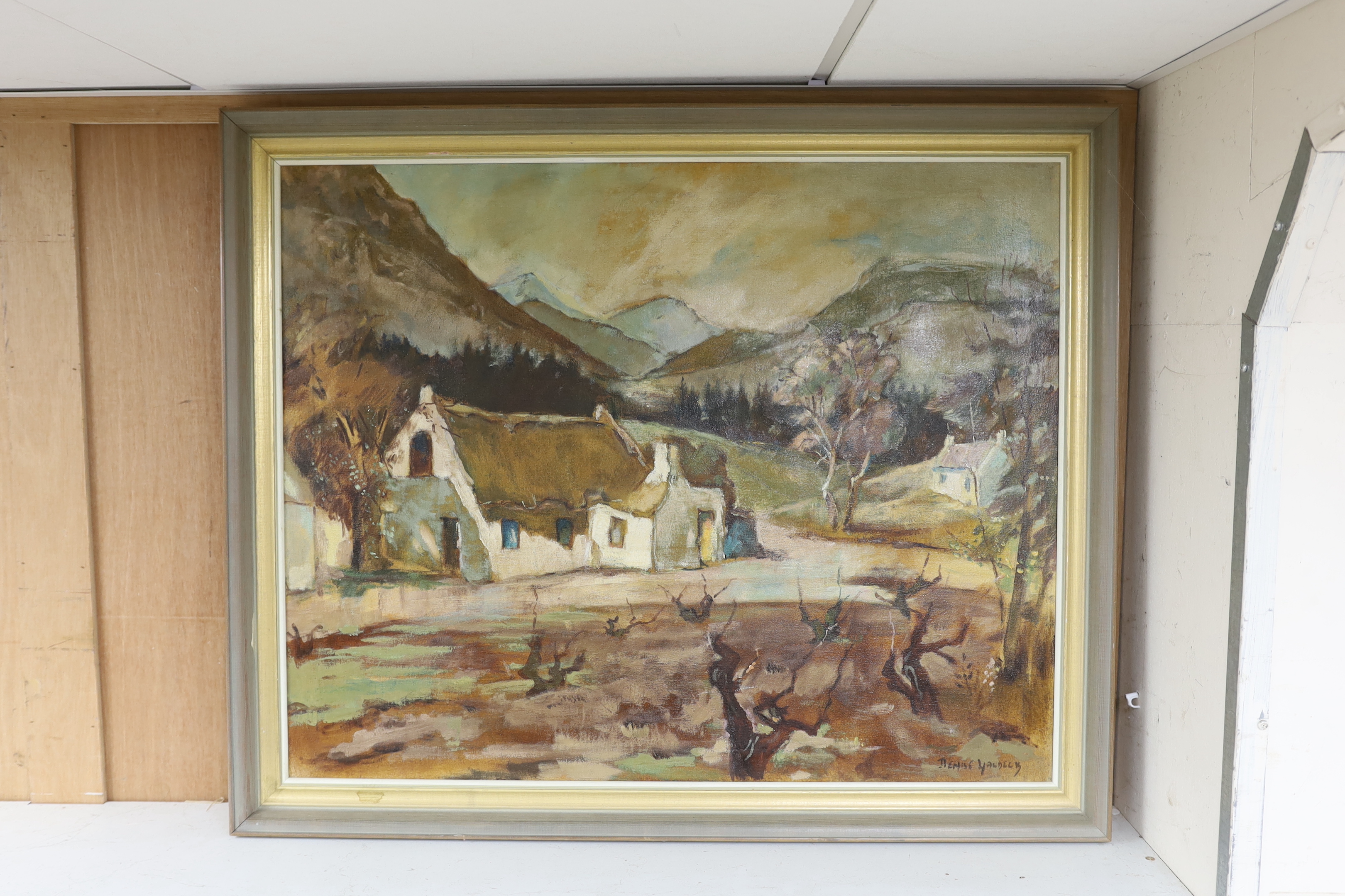 Denise Waldeck (20th. C), oil on canvas, Mountainous landscape with cottages, signed 60 x 75cm